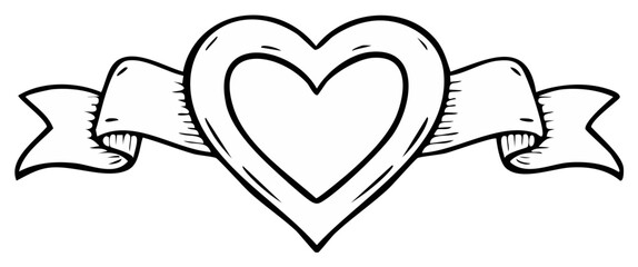 Hand-drawn heart with a blank ribbon banner in a vintage tattoo style