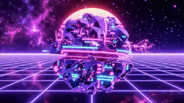 Synthwave-style 3D rendered scene with a crystalline structure, grid, and cosmic background