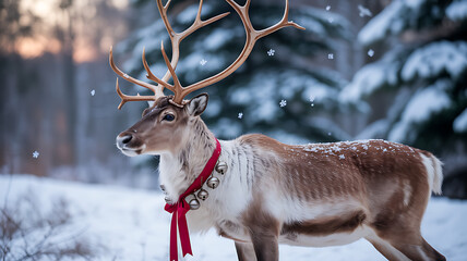 Christmas Day Reindeer with Red Ribbon and Bells Standing in Snowy Forest with Falling Snow