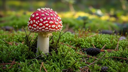 Amanita muscaria mushroom growing in a mossy forest floor