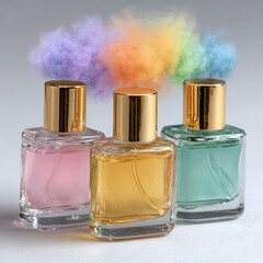 Colorful perfume bottles with vibrant rainbow smoke effect.