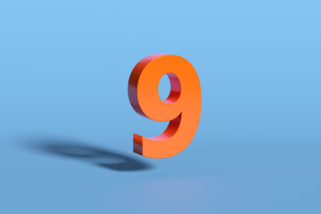 Fototapeta premium Orange Number Nine Floating on Light Blue Background