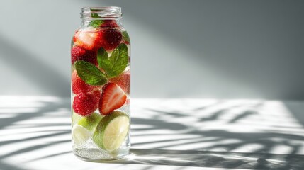Glass bottle filled with fresh strawberries raspberries lime slices and mint leaves in sparkling water
