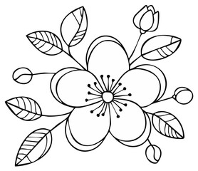 Obraz premium Stylized flower illustration with buds and leaves in black and white outline