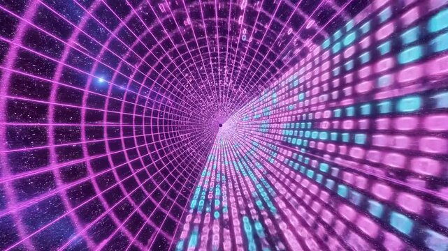 A digital tunnel of pink grid lines and binary code moves through a starry space