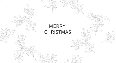 Minimalist 'Merry Christmas' greeting card design featuring a circular frame of delicate, hand-drawn leafy branches on a white background.