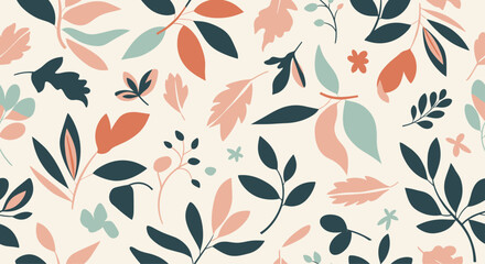 Seamless autumn pattern with a variety of stylized leaves and branches in a warm, muted color palette of pink and green.