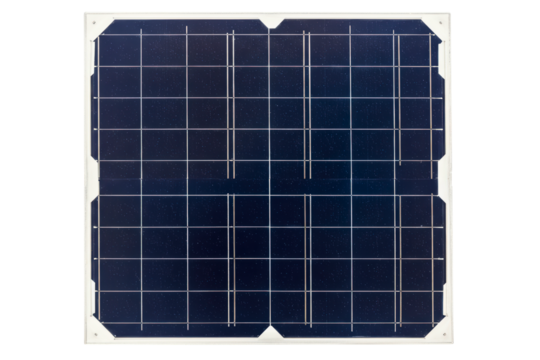 Square blue solar photovoltaic panel for renewable energy generation on a transparent background