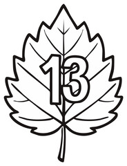 Obraz premium Black and white graphic illustration of the number thirteen within a stylized leaf shape