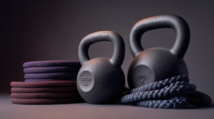 Two black cast iron kettlebells and stacked coiled ropes against a dark backdrop