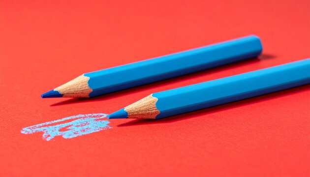 &ldquo;Two blue pencils on vivid red surface, symbolizing contrast, creativity, and expression.&rdquo;
