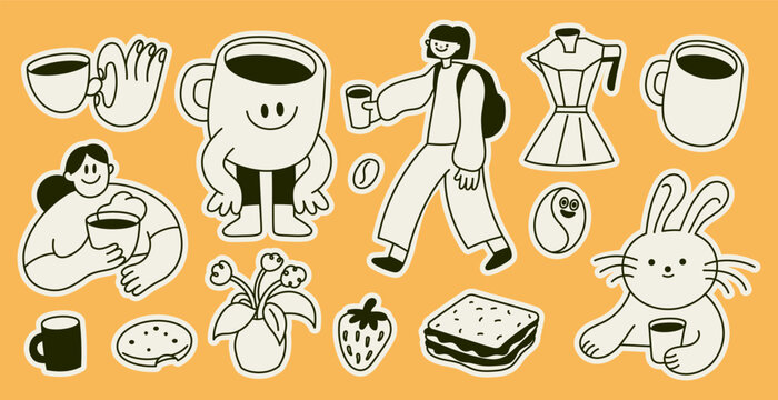 Vector logo and sticker design template, hand drawn doodle sketchy character and mascot, specialty coffee and cafe emblem, happy barista, latte, cappuccino, coffee cup mascot