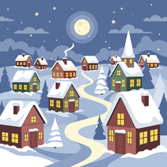 A winter village scene with snow-covered houses, trees, and a winding path under a bright moon and starry sky.
