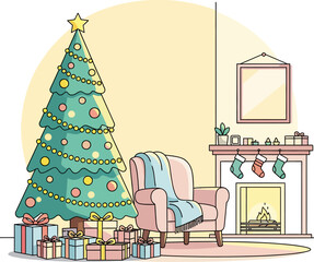 Interior scene of a decorated Christmas tree with gifts, a cozy armchair, and a fireplace.