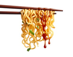 Delicious noodles held by chopsticks dripping with flavorful sauce on white backdrop