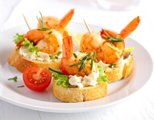 Delicious shrimp bruschetta appetizer with fresh tomato on a white plate perfect snack