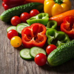 Fresh bell peppers cucumbers and cherry tomatoes arranged on rustic wooden surface