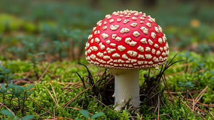 Bright red amanita muscaria mushroom growing in green mossy forest floor