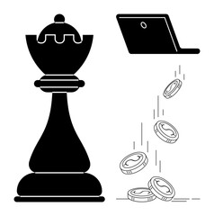 Business strategy, digital economy, investment, leadership, innovation, financial decisions. Chess piece, laptop and falling coins. Business strategy and digital economy