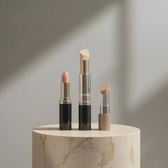 Minimal skincare products display podium with clean modern aesthetic, soft lighting, premium cosmetic branding background, luxury beauty presentation scene