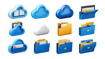 Cloud Computing and Document Storage: An arrangement of cloud and file folder icons symbolizes data and document storage, representing the digital world and information technology. 