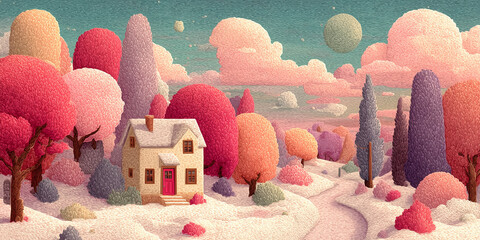 Playful pastel new year scene with cozy house, snow and fireworks, wide panoramic header