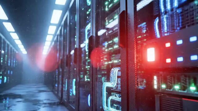 A data center corridor features illuminated server racks, glowing cables, and neon lights