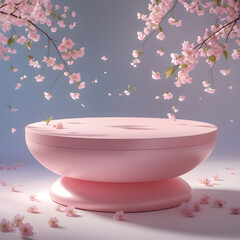  image of japanese style minimal background. Pink podium and cherry blossom background for product presentation. 3d rendering illustration