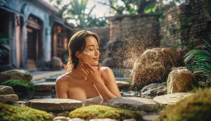 A beautiful woman applying skincare in a natural spa environment, mockup for beauty and wellness brands
