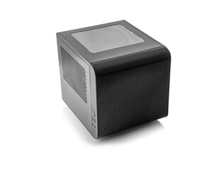 Fototapeta premium A black, compact, cube-shaped computer case with a windowed top panel and perforated mesh sides is isolated on a pure white background.
