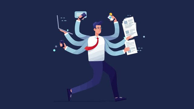 Modern multitasking man juggling technology tools in digital age
