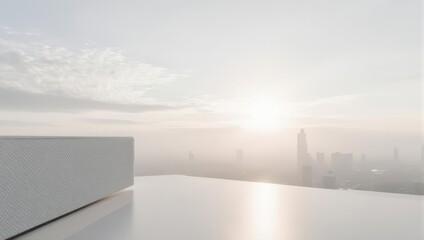 Obraz premium Minimalist White Rooftop with Cityscape View at Sunset.