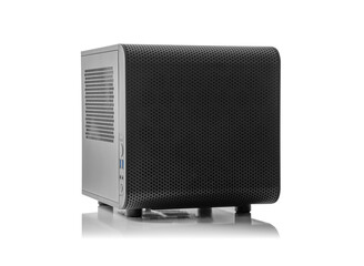 Obraz premium A black, compact mini-ITX computer case with a mesh front panel, isolated on a white background with a subtle reflection.