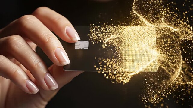 Womans hand holding credit card transforming into golden particles. Slow motion disintegration effect. Digital finance animation for technology advertising.