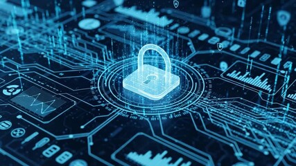 Secure digital network with glowing padlock and data streams protecting information flow - Powered by Adobe