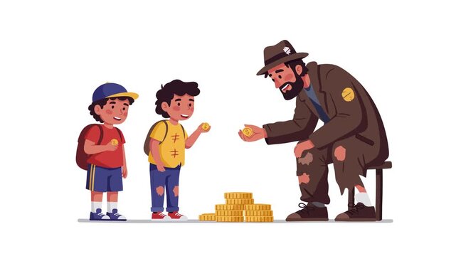 Generosity of Children: Boys Giving Coins to a Homeless Man in Need