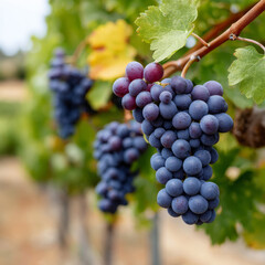 Naklejka premium Cluster of ripe purple grapes hanging on a vine.