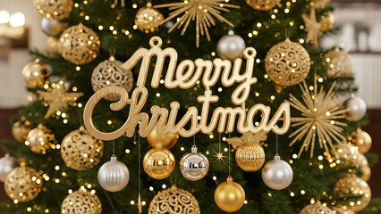 Golden Merry Christmas wishes amidst sparkling ornaments perfect for holiday greetings and festive social media announcements