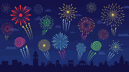 Colorful fireworks bursting in the dark night sky over a city skyline silhouette, a festive vector illustration for celebrations