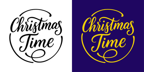 Logo de Navidad. Grupo de mensajes Christmas Time con florituras de adorno en círculo para tarjetas y felicitaciones	