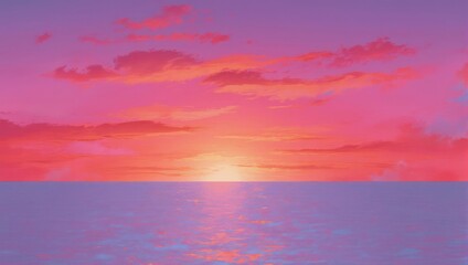 Fototapeta premium Vibrant pink and purple sunset over calm ocean waters, tranquil seascape.