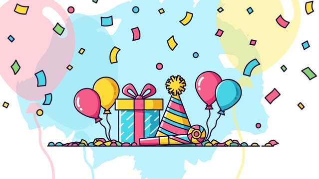 Party Celebration with Balloons, Gifts and Confetti Vector Illustration