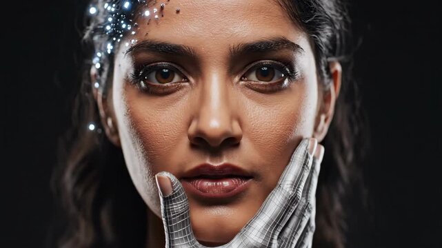 Womans face augmented by cybernetic hands in progression. Digital transformation from partial overlay to full frame. Human machine interface and futuristic tech integration