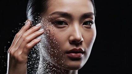 Woman touching face with metallic wireframe overlay. Digital grid enhancement transitioning to sparkling particles. Futuristic beauty technology concept for advertising. - Powered by Adobe