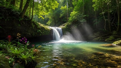 Peaceful Forest Waterfall with Colorful Wildflowers