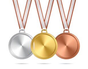 Collection of realistic gold, silver, and bronze medals hanging on white background