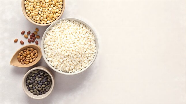 Top-down circle of plain ceramic bowls containing simple staples (rice, beans, lentils) arranged radially on a linen backdrop - Powered by Adobe