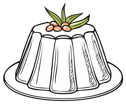 Molded sweet dessert with decorative berries and green leaves on a serving plate outline - Powered by Adobe