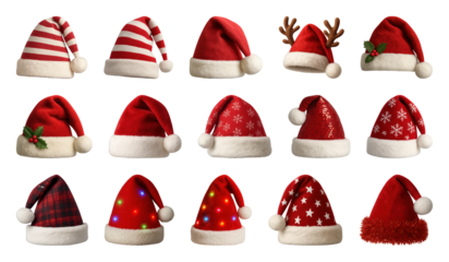 PNG Festive Santa hats collection variety, transparent background