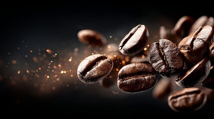 Roasted coffee beans elegantly floating with shimmering bokeh lights for a luxurious coffee brand, perfect for cafe promotions and product launches